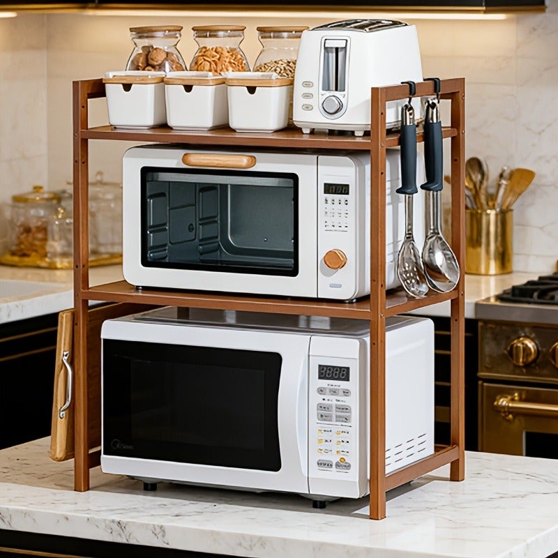 Multi Layer Bamboo Kitchen Storage Rack, Multifunctional Countertop, Microwave Oven Rack, Adjustable Microwave Stand, Microwave Organizer with Chopping Board Holder, Desktop Seasoning Rack, Oven Storage Rack with Cutting Board Rack and 6 Hooks - Image 2