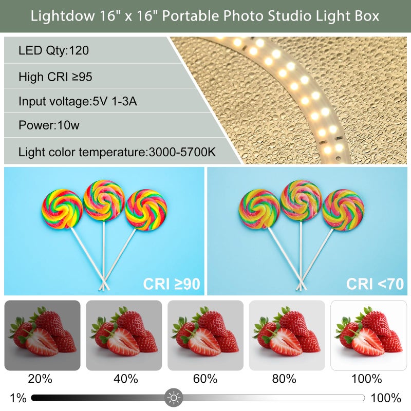 Lightdow 16"x16"x12" Photo Studio Light Box Photography with 120 LEDs (CRI>95), 6 Backdrops - Portable/Dimmable/Versatile Folding Shooting Tents for Toys/Jewelry/Watches/Cosmetics Photography - Image 4