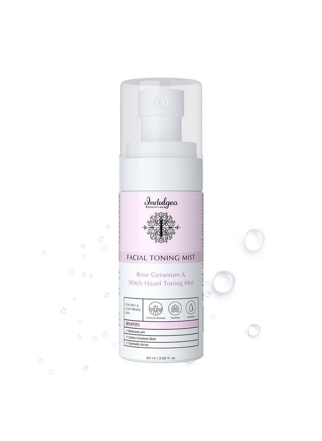 Indulgeo ESSENTIALS Rose Geranium Witch Hazel Facial Toner - Ayush Certified, Hydrating, Refreshing, Ph Balancing Toner For Glowing Skin | Face Mist Refines Pores, Brightens & Smoothens Skin Texture | Suitable For All Skin Types - 60Ml  - Image 1