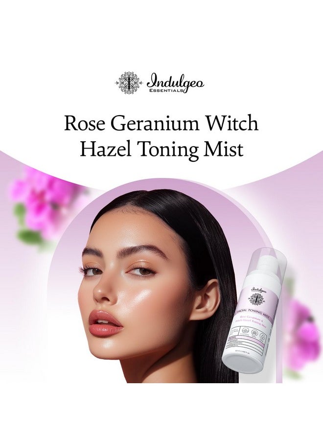 Indulgeo ESSENTIALS Rose Geranium Witch Hazel Facial Toner - Ayush Certified, Hydrating, Refreshing, Ph Balancing Toner For Glowing Skin | Face Mist Refines Pores, Brightens & Smoothens Skin Texture | Suitable For All Skin Types - 60Ml  - Image 2