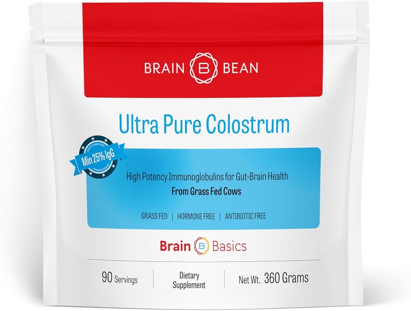 Brain-Bean Brain Basics UltraPure Colostrum 4000mg per Serving Min 25 IgG antibodies GutBrainImmune Health Glowing Hair and Skin Colostrum Powder from GrassFed Cows 360 Grams  90 Servings - Image 1