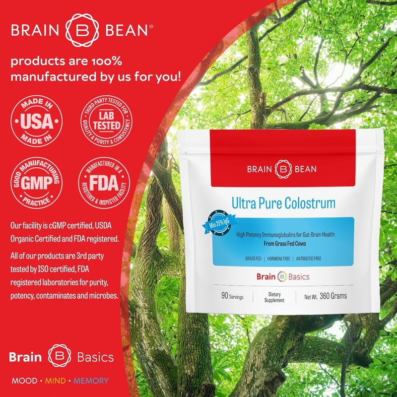 Brain-Bean Brain Basics UltraPure Colostrum 4000mg per Serving Min 25 IgG antibodies GutBrainImmune Health Glowing Hair and Skin Colostrum Powder from GrassFed Cows 360 Grams  90 Servings - Image 4