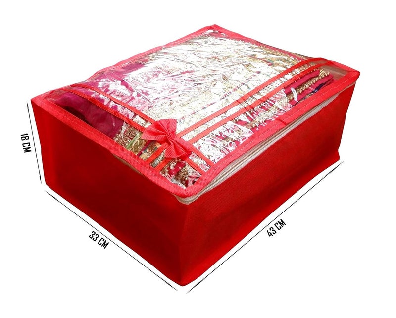S4S S4S Non Woven Saree Cover Bag Cloth Cover Set of 12 for Storage with Transparent Top and Zip RED - Image 2