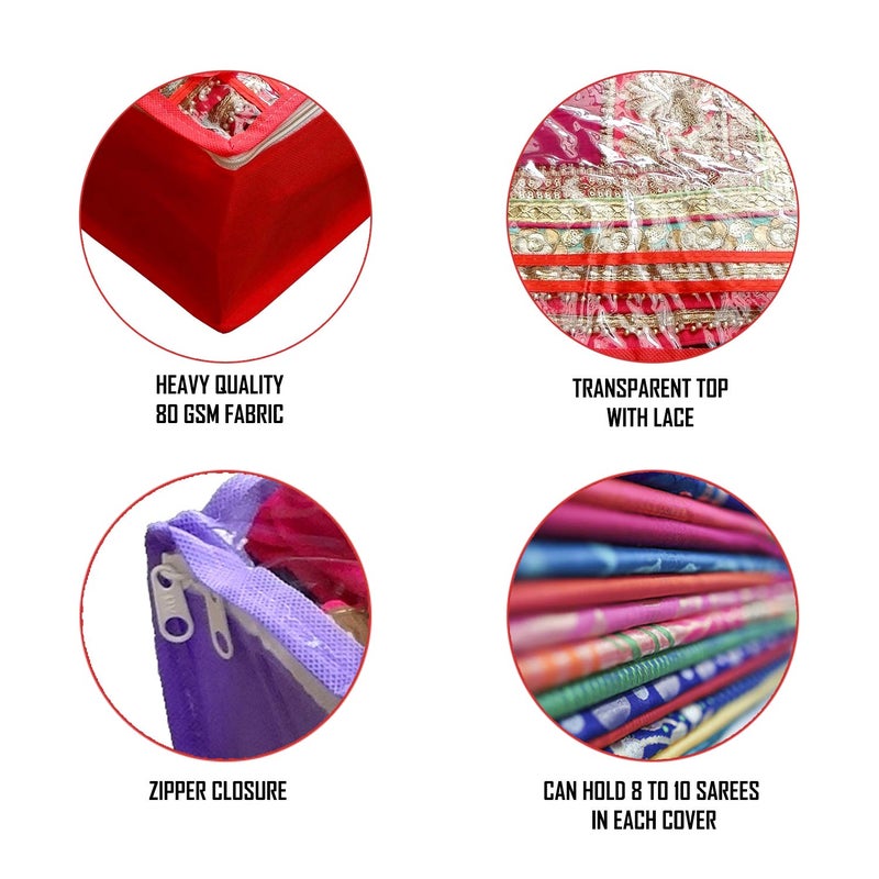 S4S S4S Non Woven Saree Cover Bag Cloth Cover Set of 12 for Storage with Transparent Top and Zip RED - Image 3