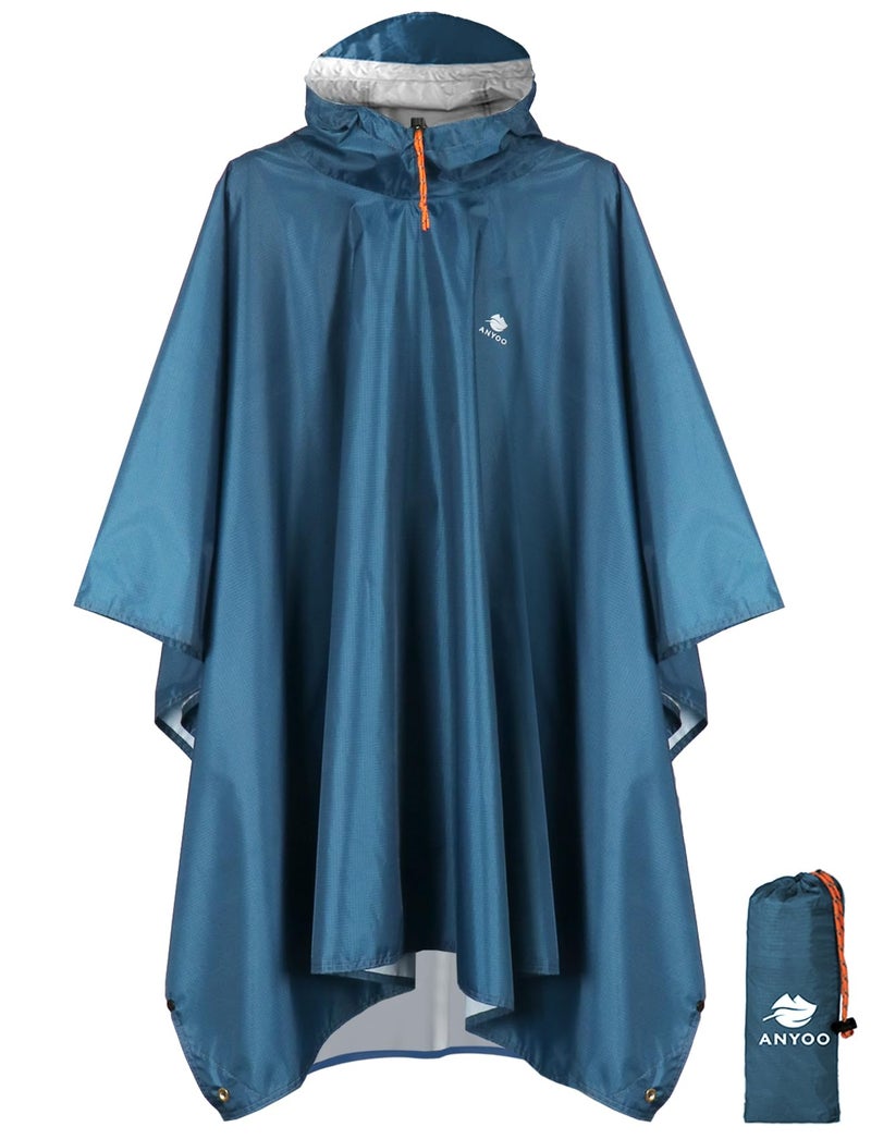 ANYOO Hooded Rain Poncho for Adults Waterproof Lightweight Rain Coats for Men Women Reusable Rain Jacket for Emergency Camping Outdoor Activities (Sea blue) One Size - Image 1