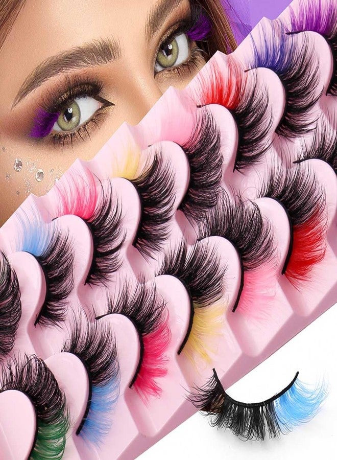 Uranian Colored False Eyelashes Fluffy Faux Mink Lashes with Color D Curl Strip Long Eye Lashes 7 Pairs Colorful Lashes Volume Fake Eyelashes for Women - Image 1