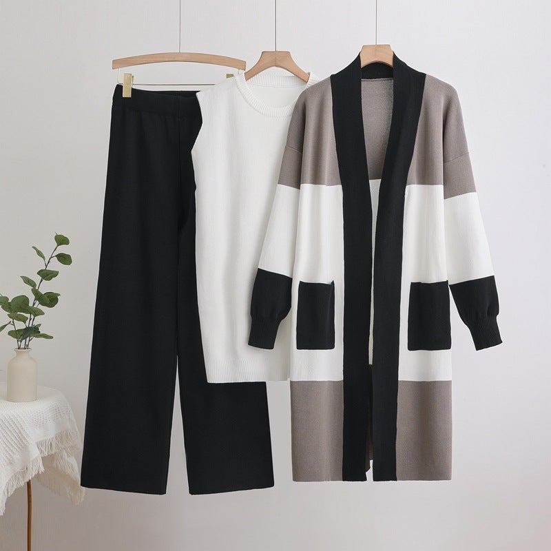 Women's Knitted 3-Piece Set: Mid-Length Cardigan, Vest and Wide-Leg Pants - Image 1