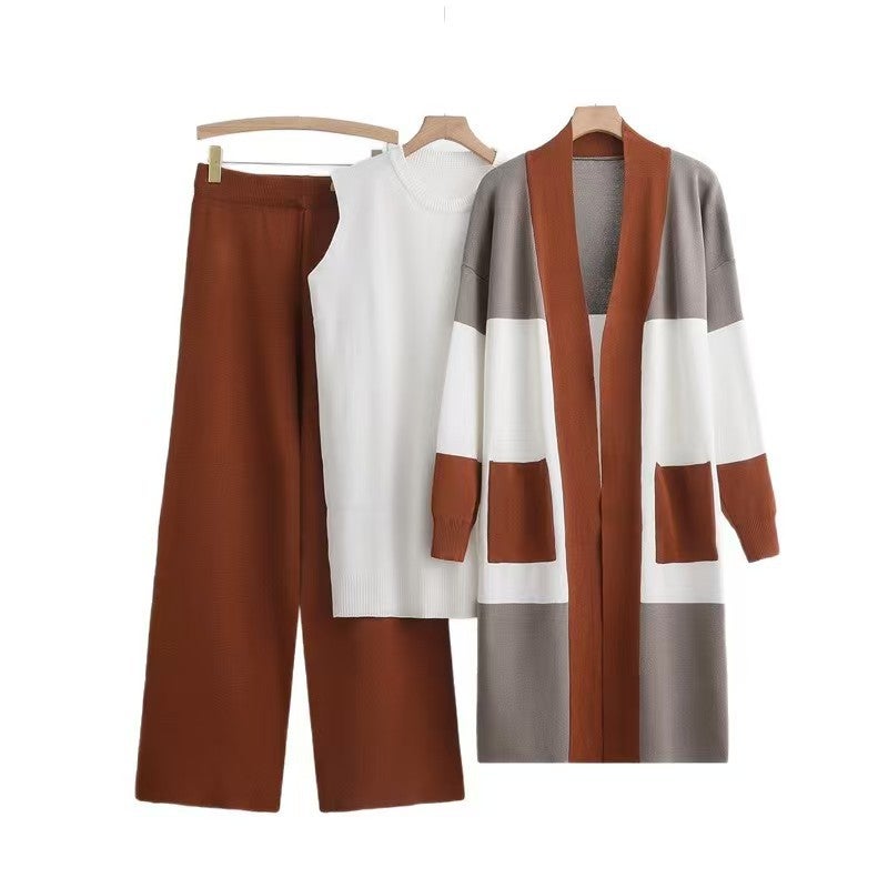 Women's Knitted 3-Piece Set: Mid-Length Cardigan, Vest and Wide-Leg Pants - Image 5
