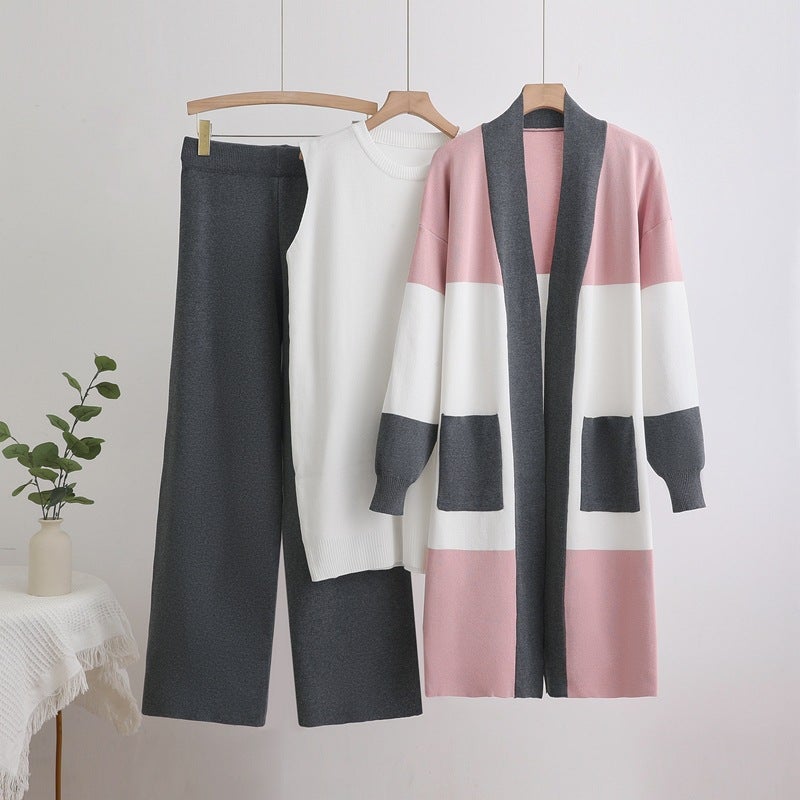 Women's Knitted 3-Piece Set: Mid-Length Cardigan, Vest and Wide-Leg Pants - Image 2
