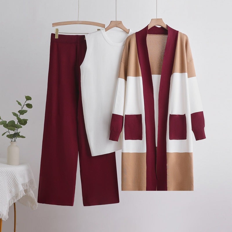 Women's Knitted 3-Piece Set: Mid-Length Cardigan, Vest and Wide-Leg Pants - Image 3