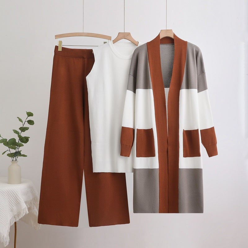 Women's Knitted 3-Piece Set: Mid-Length Cardigan, Vest and Wide-Leg Pants - Image 4