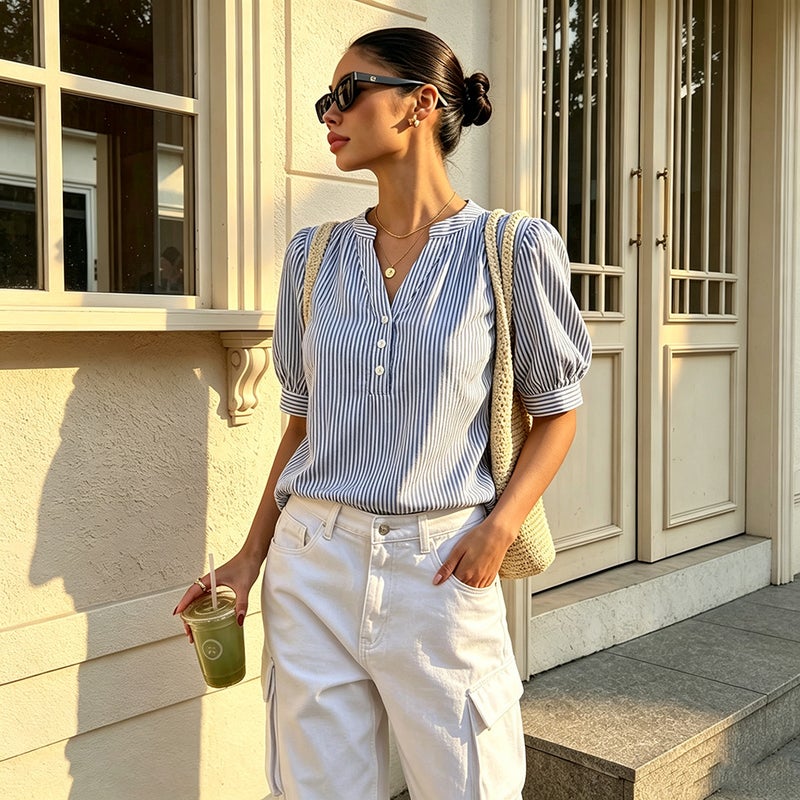 Women's Casual V-Neck Striped Shirt - Image 1