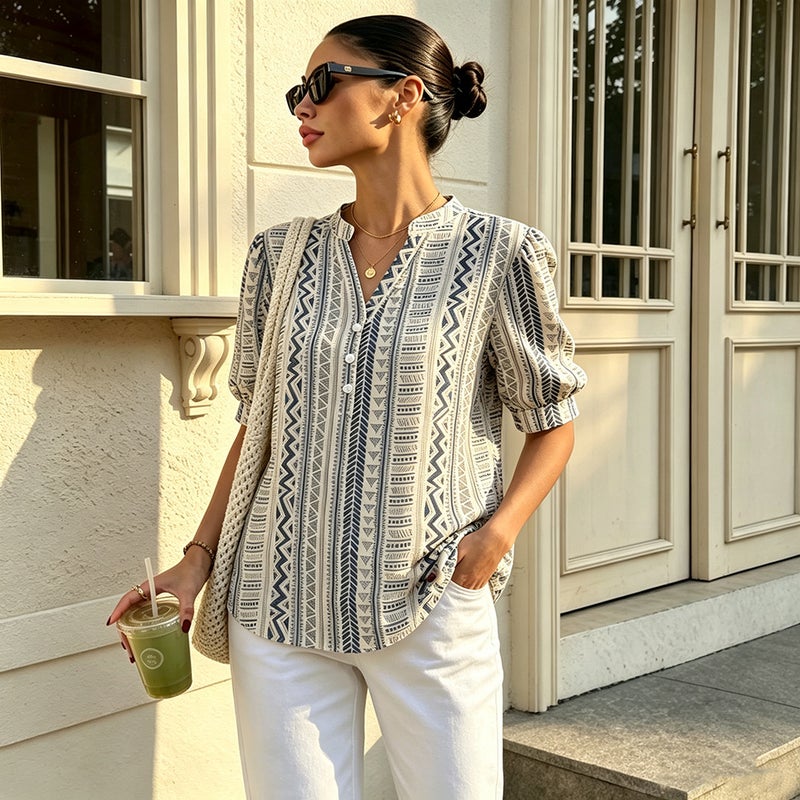 Women's Casual V-Neck Striped Shirt - Image 3