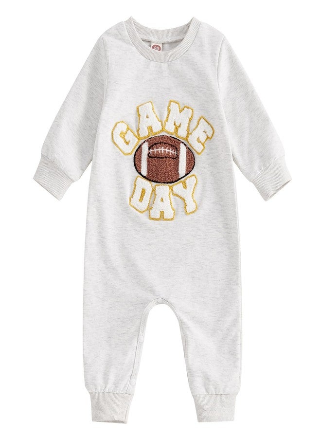 FOMOYUU Newborn Neutral Baby Boys Girls Football Season Jumpsuit Game Day Embroidery Long Sleeve Romper Winter Clothes (Gray, 0-3 Months) - Image 1