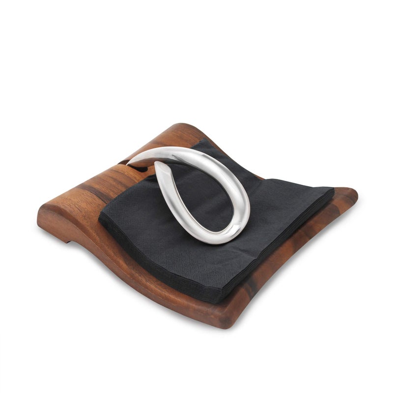 Nambe nambe Breeze Napkin Holder  Tabletop Napkin Tray for Parties Weddings and Events  Made of Acacia Wood and Stainless Steel  Measures at 9 x 75 x 3  Designed by Neil Cohen 