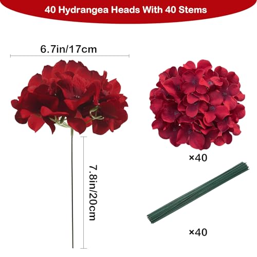 Cherica Red Hydrangea Artificial Flowers Bulk 40 Pcs Faux Hydrangea Flowers Heads Artificial Fake Silk Hydrangea Flowers with Stems Red Flowers Artificial for Decoration Wedding Dcor - Image 3