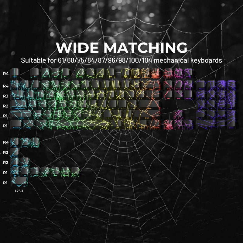 HITIME x XVX Spider Web Keycaps 60 75 100 Percent - Shine Through Keycaps w/IMD Tech, for Mechanical Keyboards, Full 118 Key Set, OEM Profile, Lines Backlit, Side Printed - Black - Image 4