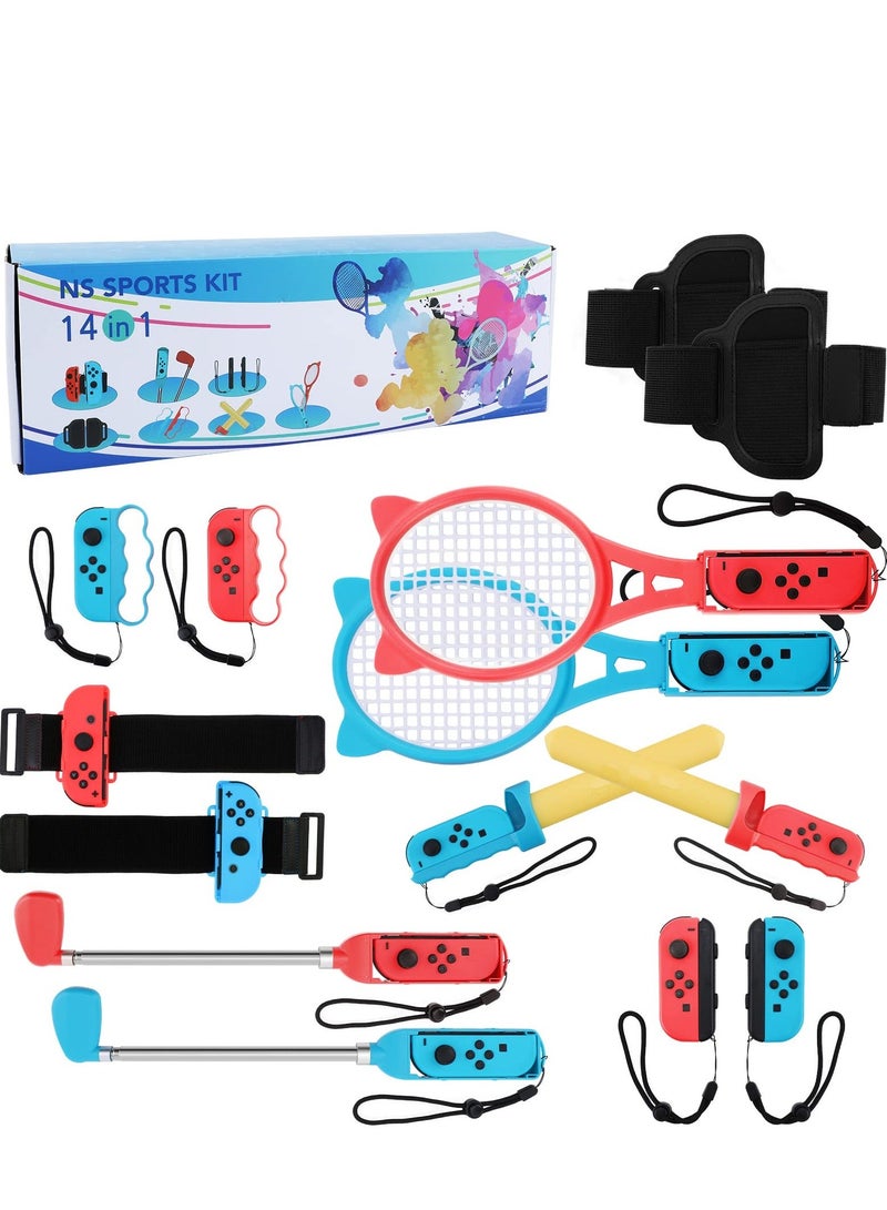 14 in 1 Switch Sport Games Accessories Bundle for Nintendo Switch Games, Including Tennis Rackets Swords Golf Clubs Grips Boxing Grips Leg and Wrist Straps - Image 1