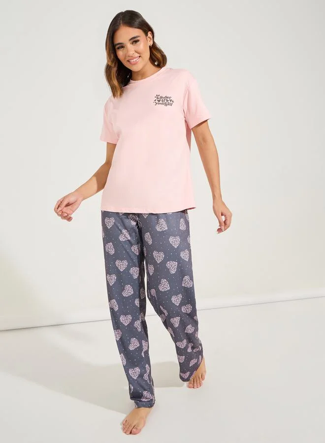 Styli Slogan Print T-Shirt & Heart Print Pyjama Set