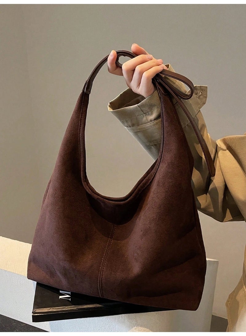Women's Large Suede-Effect Hobo Tote Bag with Adjustable Shoulder Strap, Coffee Brown - Image 2