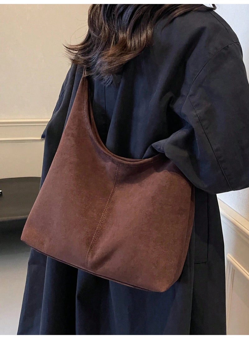 Women's Large Suede-Effect Hobo Tote Bag with Adjustable Shoulder Strap, Coffee Brown - Image 3