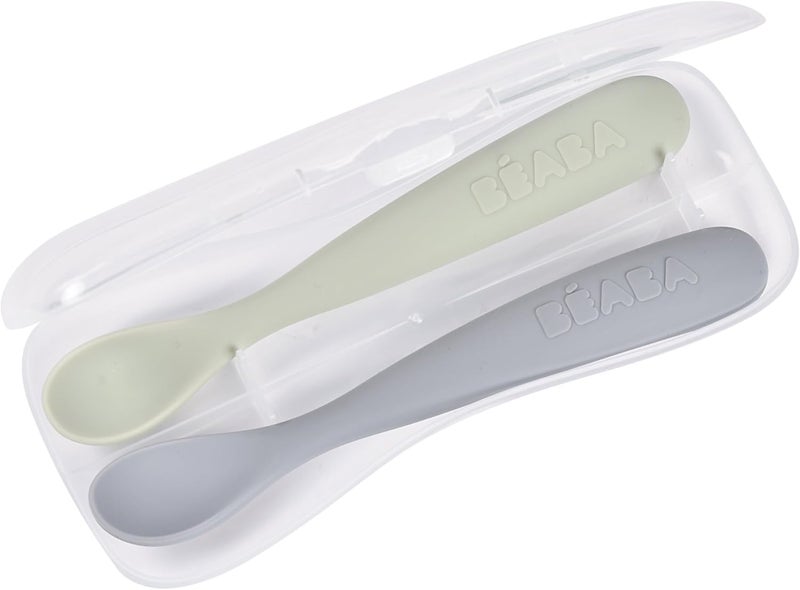 Baba BEABA Baby's First Foods Spoon Set with Travel Case, Original Soft Silicone Baby Spoons, Baby Essentials, Travel Set, Natural - Image 1