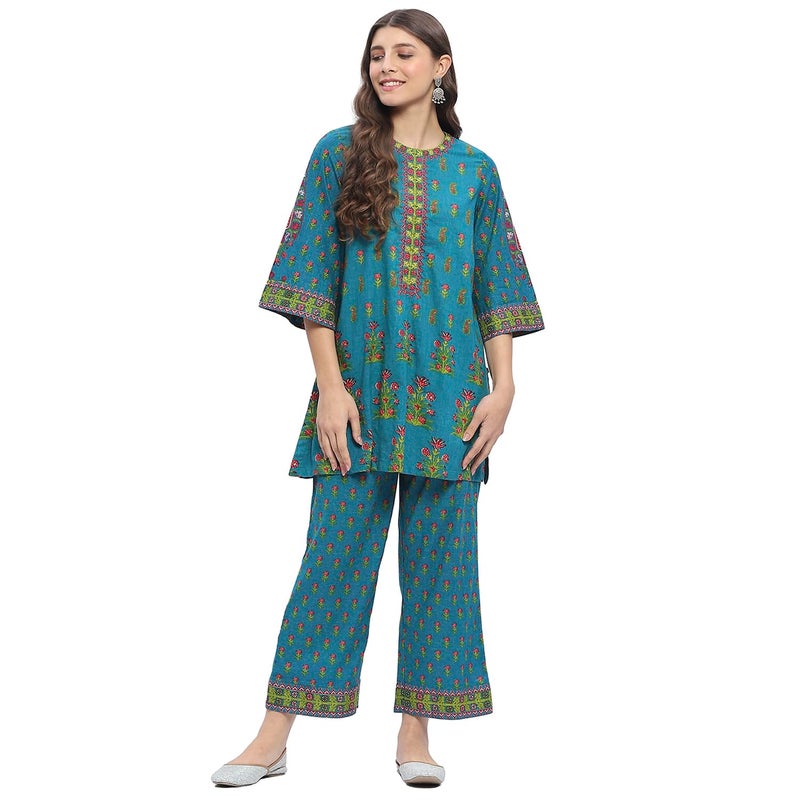 BIBA Women's Teal Cotton Straight Co-ord Set_40 - Image 4