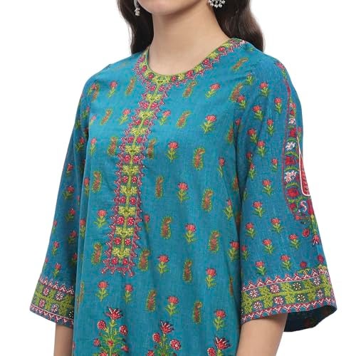 BIBA Women's Teal Cotton Straight Co-ord Set_40 - Image 2