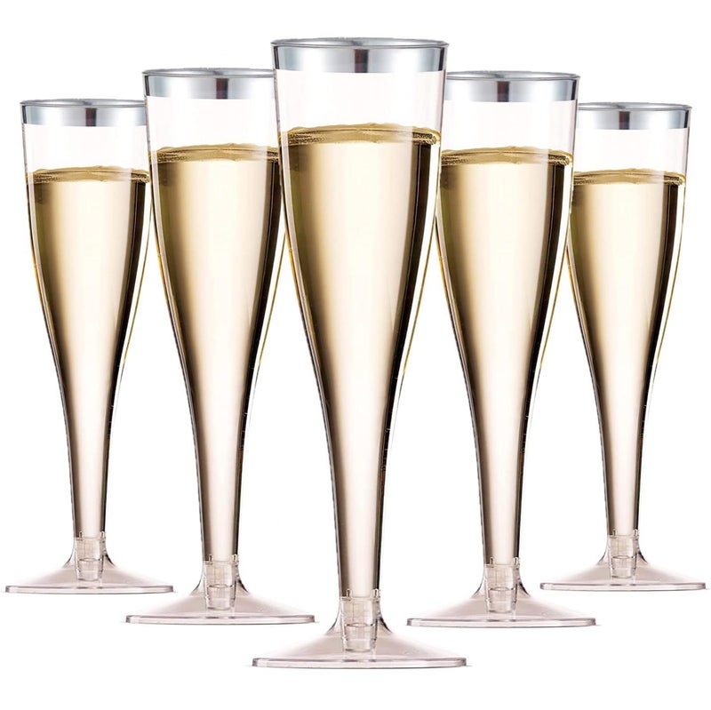 LATERN 50Pcs Silver Rimmed Champagne Flutes 150ml Plastic Champagne Glasses Reusable Stemmed Party Wine Cups for Garden Wedding Anniversary Shower Parties 5 x 17cm