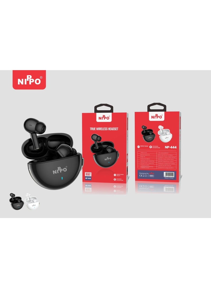 NIPO NP-444 True Wireless Earbuds with Charging Case, Bluetooth 5.3, HD Microphone, Touch Control, Deep Bass Stereo Sound, Long Battery Life, Black