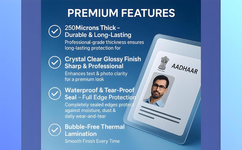 OPENFIRST 250 Microns ID Card Size Premium Thermal Lamination Pouch | (70mm x 100mm) | Glossy, Waterproof & Clear | for Aadhaar, PAN, Driving License, School & Employee ID Etc (Pack of 100 Pouches) - Image 3