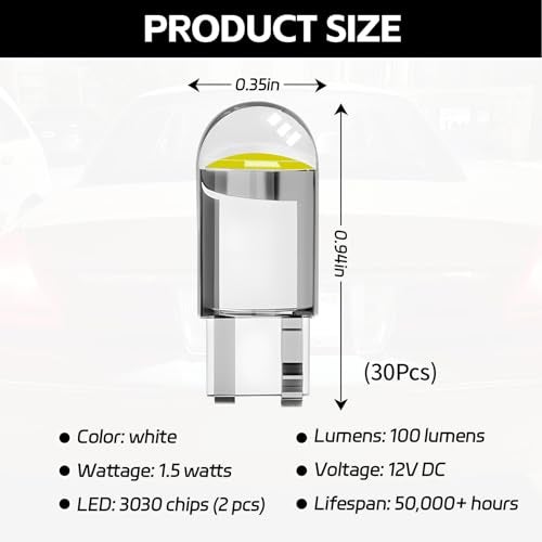 Hbxdeco 30PCS 194 Car LED Light Bulbs, T10 Interior Lights Bulb Replacement, Error Free 168 2825 W5W Wedge COB LED Bulbs, Universal for Car Dome Map Door Courtesy License Plate Light (White) - Image 2