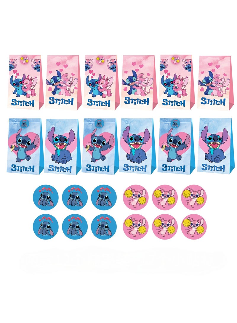 24 Pack Stitch Gift Bags for Birthday Parties， Includes 12 Candy Bags & 12 Round Stickers，Cute & Practical Party Favors - Image 1