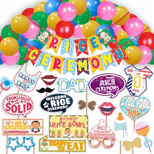 WOBBOX Annaprashan Party Props with Rice Ceremony Baby Pattern Multi Color Bunting Banner & Balloon, Annaprashan Party Decoration (46 Pcs Combo) - Image 1