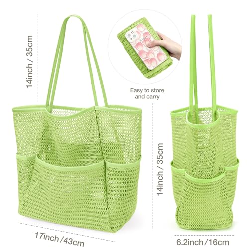 KPX Beach Bag with Mini Pocket, Summer Beach Tote Bags for Women Large Foldable Mesh Swimming Pool Travel Bags - Sandproof (Green-Style2) - Image 2