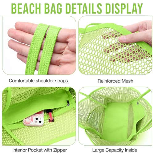 KPX Beach Bag with Mini Pocket, Summer Beach Tote Bags for Women Large Foldable Mesh Swimming Pool Travel Bags - Sandproof (Green-Style2) - Image 5