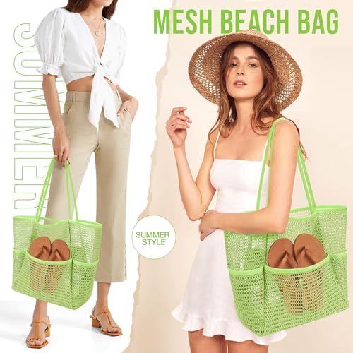 KPX Beach Bag with Mini Pocket, Summer Beach Tote Bags for Women Large Foldable Mesh Swimming Pool Travel Bags - Sandproof (Green-Style2) - Image 3
