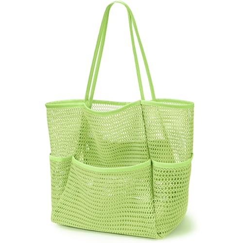 KPX Beach Bag with Mini Pocket, Summer Beach Tote Bags for Women Large Foldable Mesh Swimming Pool Travel Bags - Sandproof (Green-Style2) - Image 1