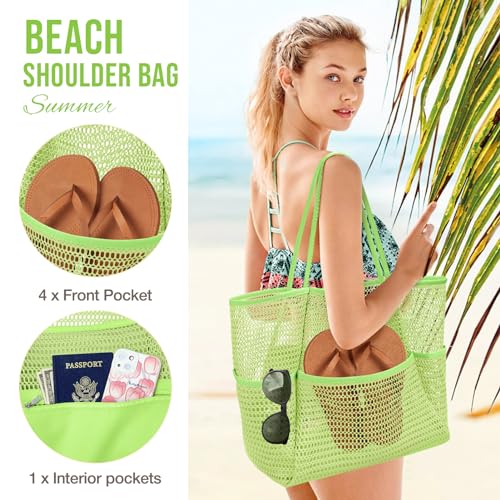 KPX Beach Bag with Mini Pocket, Summer Beach Tote Bags for Women Large Foldable Mesh Swimming Pool Travel Bags - Sandproof (Green-Style2) - Image 4