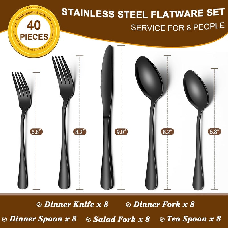 Deedro 40Piece Black Silverware Set Service for 8 Stainless Steel Flatware Cutlery Set Kitchen Tableware Set for Home and Restaurant Knives Forks Spoons Set Mirror Polished Dishwasher Safe - Image 2