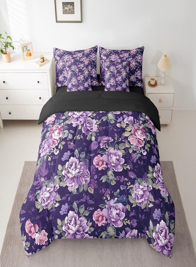 Feelyou Retro Rose Floral Print Bedding Set King Vintage Garden Flower Comforter Set 7 Pieces Botanical Herbs Flower Watercolor Blossom Bed in Bag Purple Bed Set with Comforter Sheet Set Pillowcases - Image 1