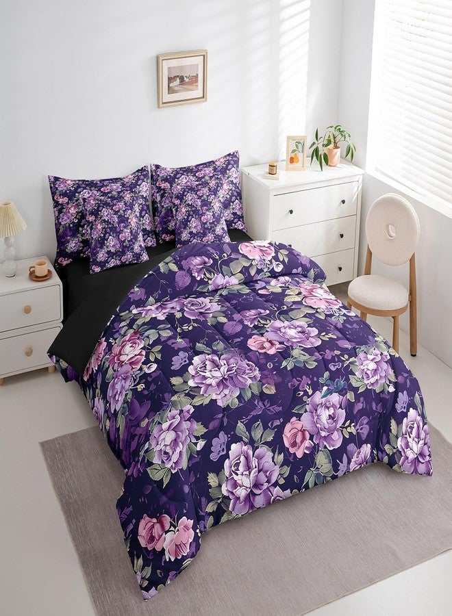 Feelyou Retro Rose Floral Print Bedding Set King Vintage Garden Flower Comforter Set 7 Pieces Botanical Herbs Flower Watercolor Blossom Bed in Bag Purple Bed Set with Comforter Sheet Set Pillowcases - Image 2