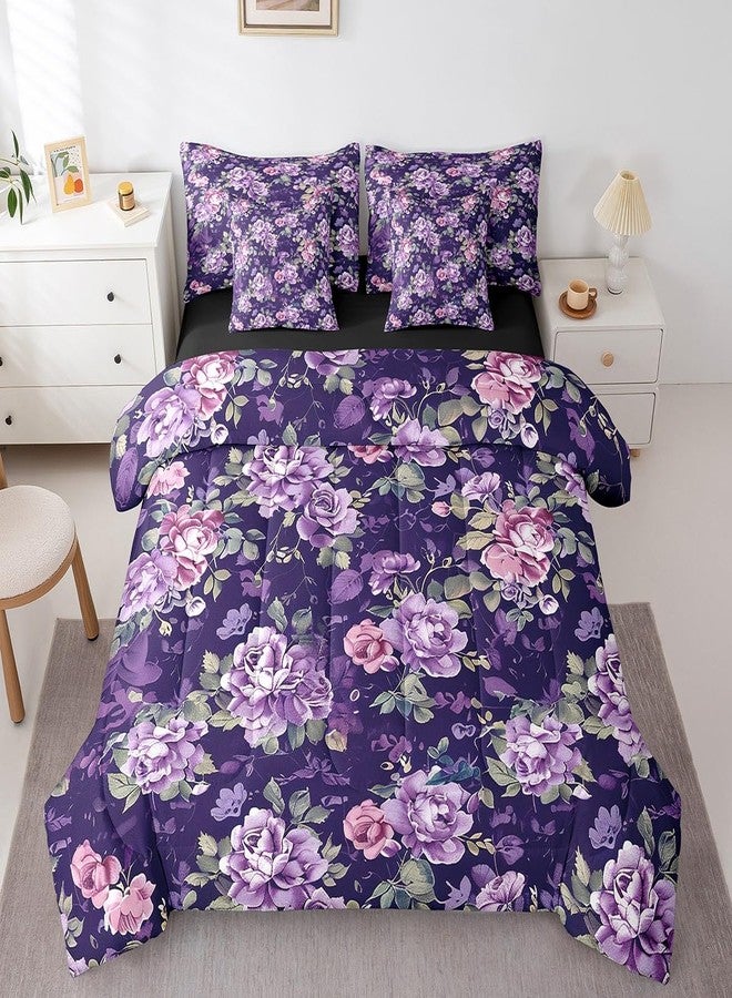 Feelyou Retro Rose Floral Print Bedding Set King Vintage Garden Flower Comforter Set 7 Pieces Botanical Herbs Flower Watercolor Blossom Bed in Bag Purple Bed Set with Comforter Sheet Set Pillowcases - Image 3