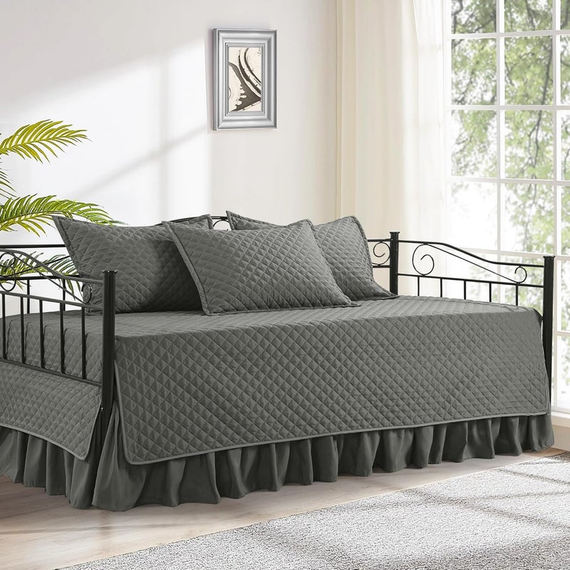 HOMBYS Daybed Cover Sets- Diamond Stitching Daybed Bedding Set, All Season Cozy Bedding with Bedskirt with Shams, Microfiber Filling, 5 Pieces, Dark Grey - Image 1