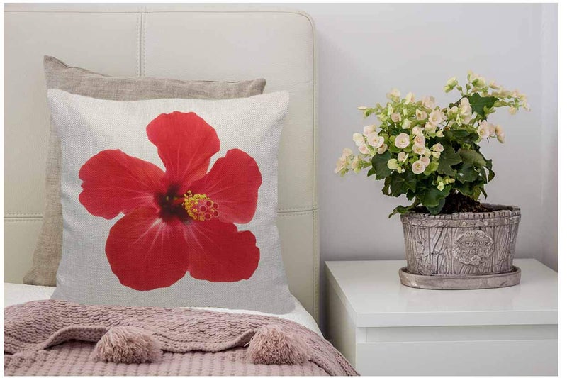 WONDERTIFY Throw Pillow Case Cover Red Hibiscus Flower on A White Background Tropical - Soft Linen Pillow Case for Decorative Bedroom/Livingroom/Sofa/Farm House - Cushion Covers 18x18 Inch 45x45 cm - Image 4