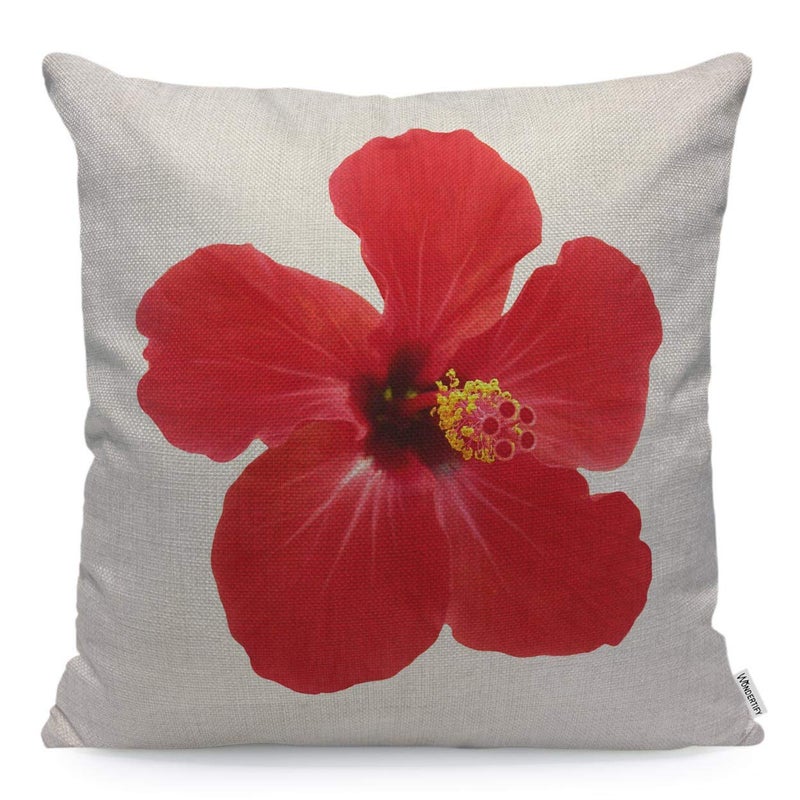 WONDERTIFY Throw Pillow Case Cover Red Hibiscus Flower on A White Background Tropical - Soft Linen Pillow Case for Decorative Bedroom/Livingroom/Sofa/Farm House - Cushion Covers 18x18 Inch 45x45 cm - Image 1