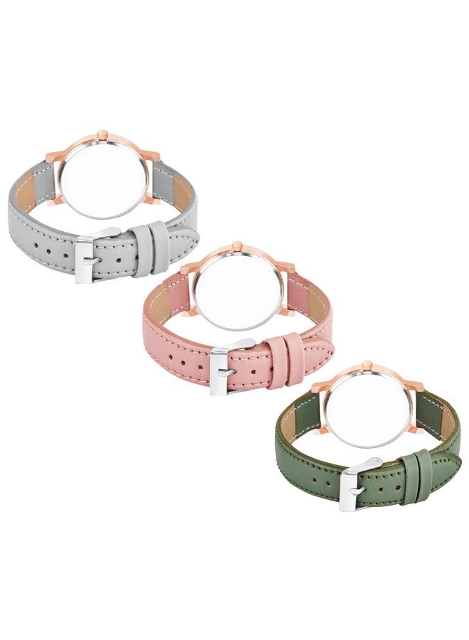 The Shopoholic Analog Flowered Dial Grey Peach Green Colour Leather Strap Combo Watch for Womens and Girls Pack of 3 Watches - Image 2