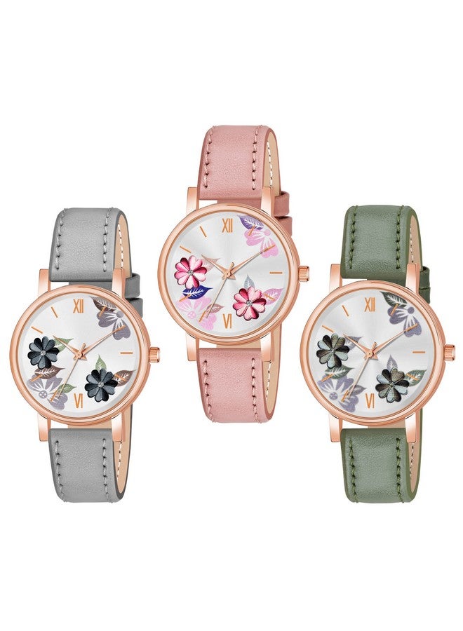 The Shopoholic Analog Flowered Dial Grey Peach Green Colour Leather Strap Combo Watch for Womens and Girls Pack of 3 Watches - Image 1