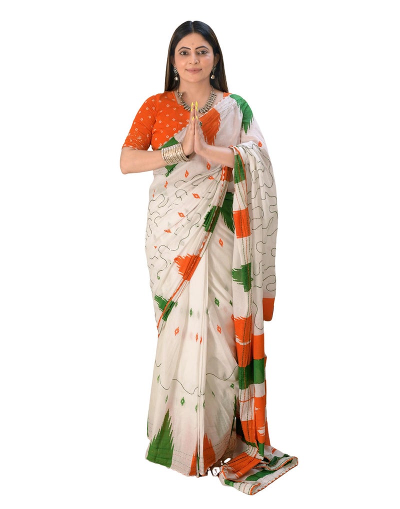 SIRIL Women's Pure Cotton Printed Ready to Wear Republic Day Tricolor Saree With Unstitched Blouse Piece (3394S309_Multicolor) - Image 1