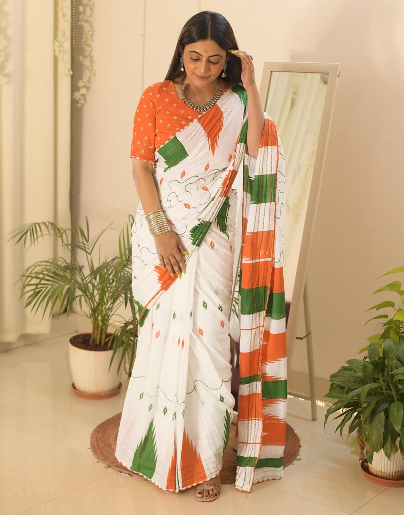 SIRIL Women's Pure Cotton Printed Ready to Wear Republic Day Tricolor Saree With Unstitched Blouse Piece (3394S309_Multicolor) - Image 2